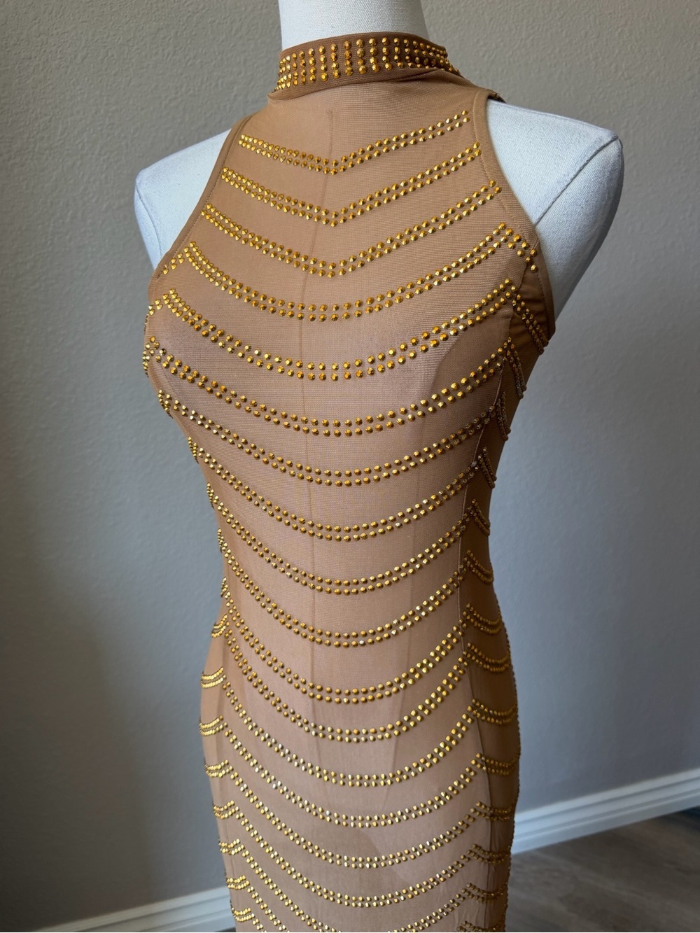 NWOT Gold Halter Maxi Dress with Bead Detailing, See Through, Small - Picture 3 of 8